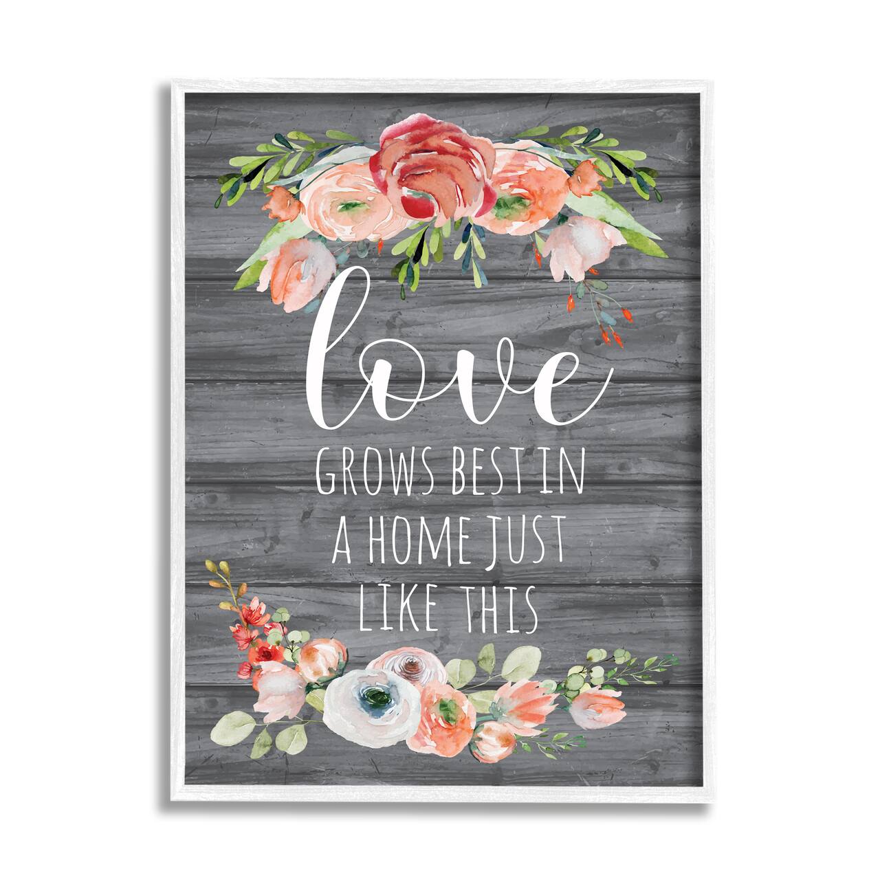 Stupell Industries Love Grows Best Motivational Family Phrase Rustic Flowers Framed Wall Art